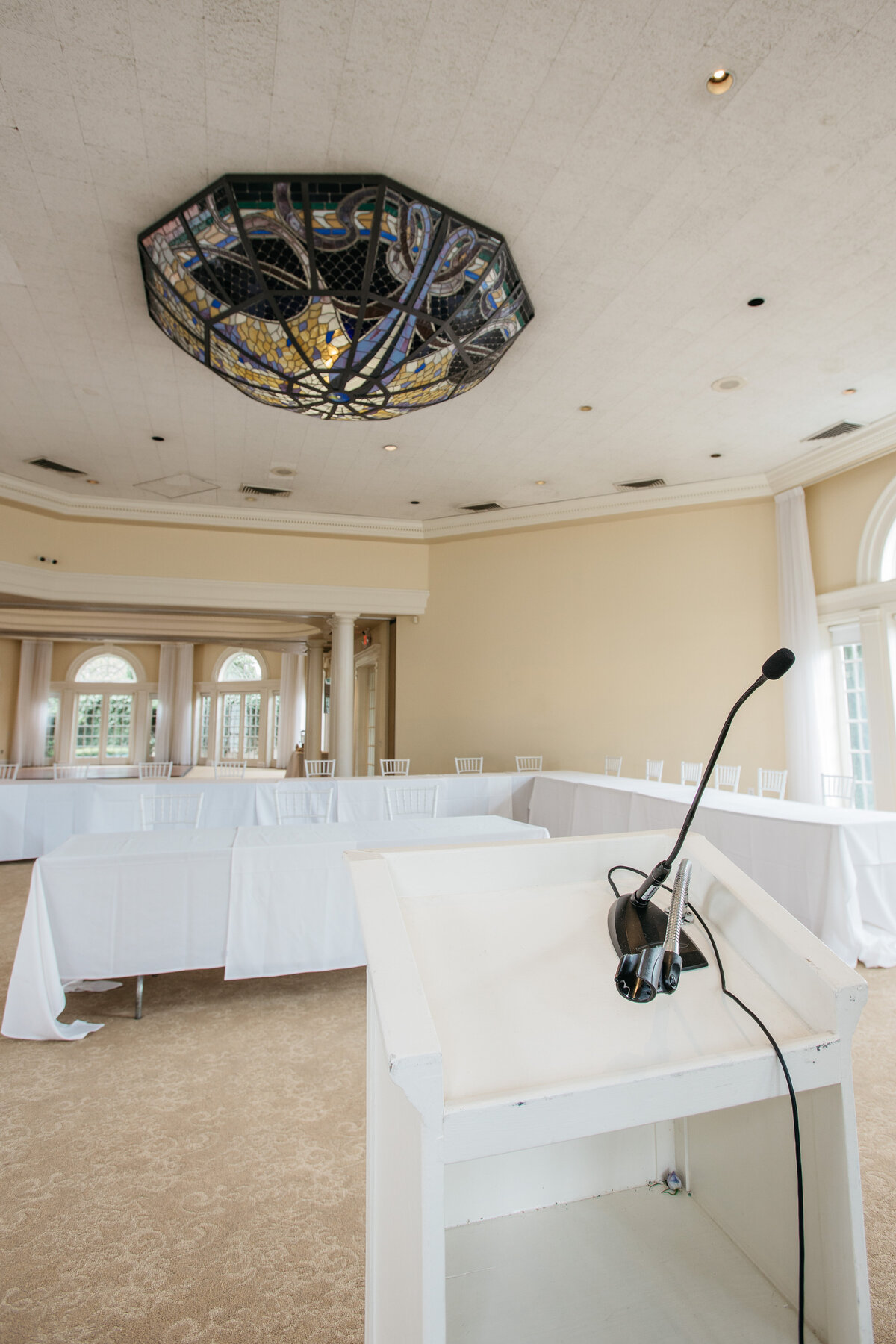 Vizcaya's Pavilion upgrades your conference room meeting space with our custom stain-glass chandelier and elegant room design.