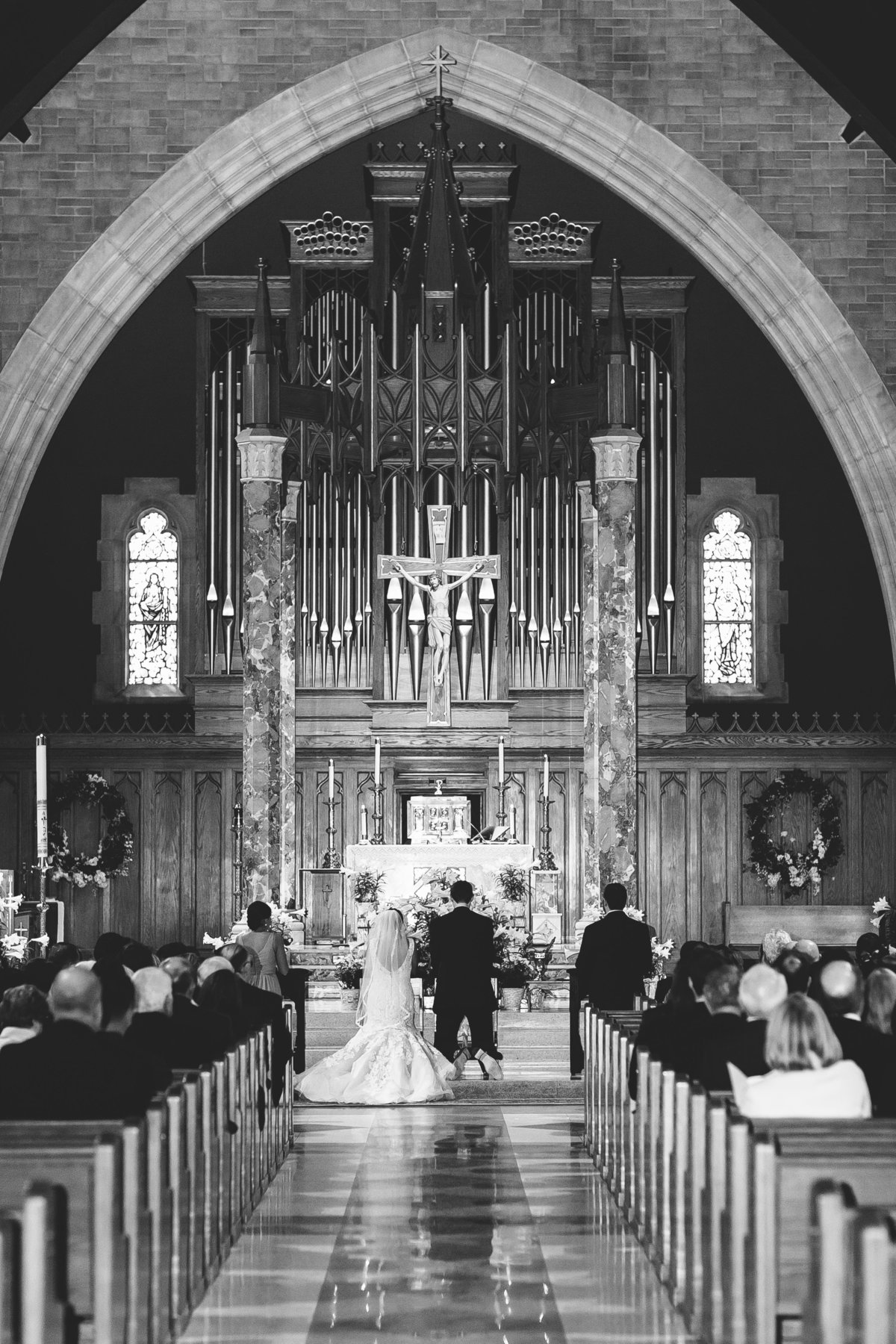 black and white church wedding photo