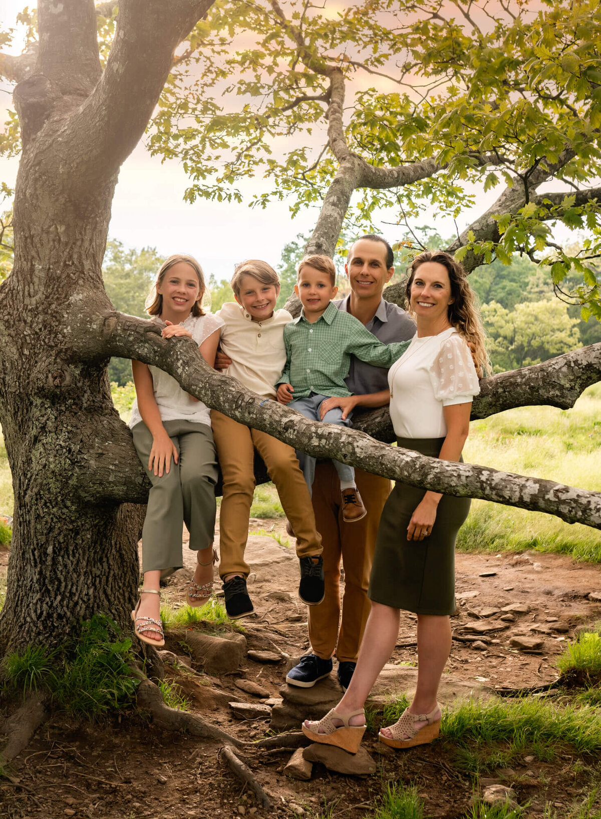 A family posing together and smiling for the camera while sitting on a tree limb at Craggy Gardens