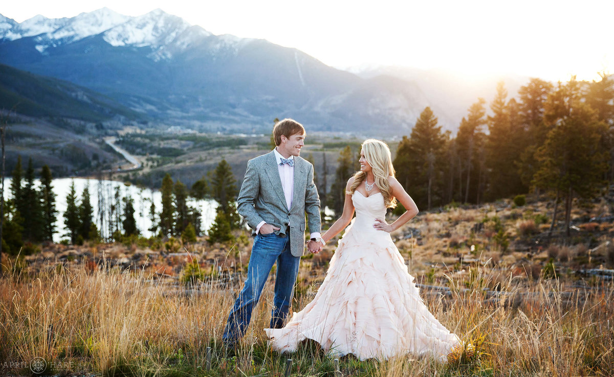 Pretty Sunset Wedding Portrait at Sapphire Point Dillon Colorado Mountain Wedding