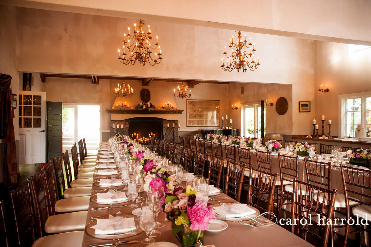 stylish dinner party setup with long reception tables at Chateau lill