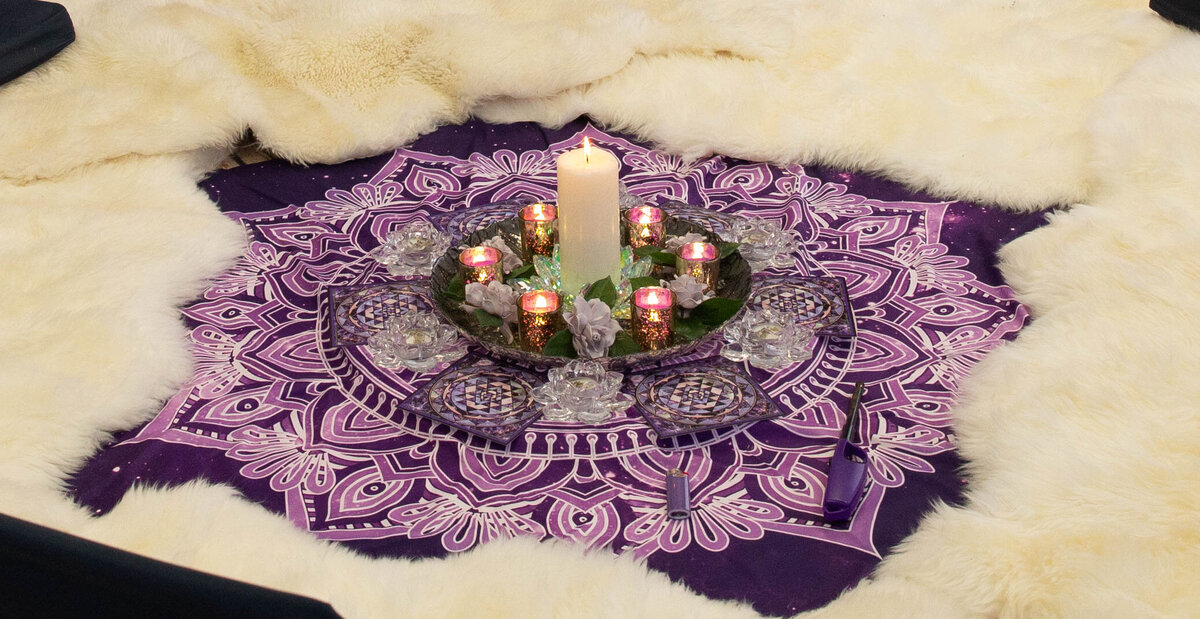 goddess studio events for women sacred goddess archetype goddess of compassion altar quan yin mother mary violet lavender lotus centerpiece center altar temple