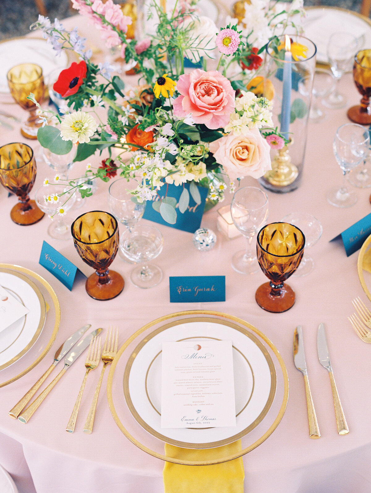 A colorful private lakeside wedding reception in New Hampshire