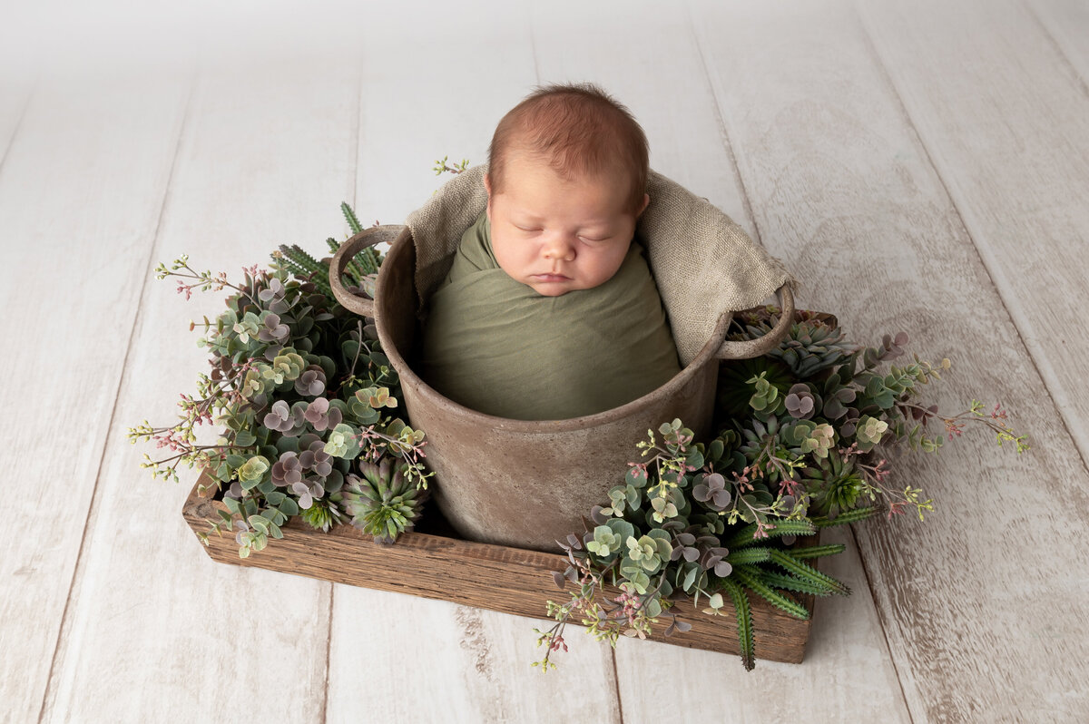 pasgeboren baby jongen in bloemen compositie