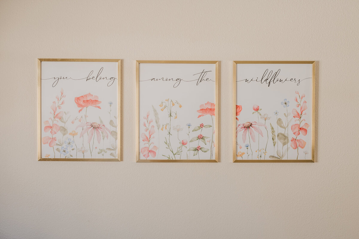 Image of three art frames hung as a gallery wall above the crib in a nursery.