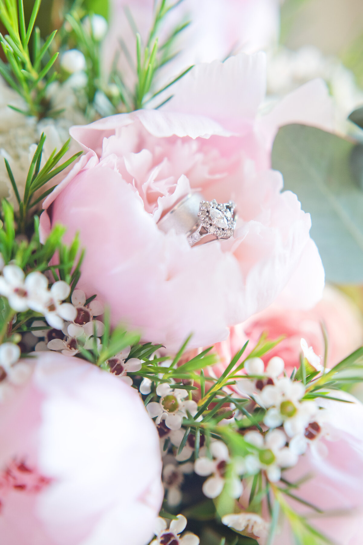 Close up of wedding ring in bridal bouquet for Fort Worth Wedding