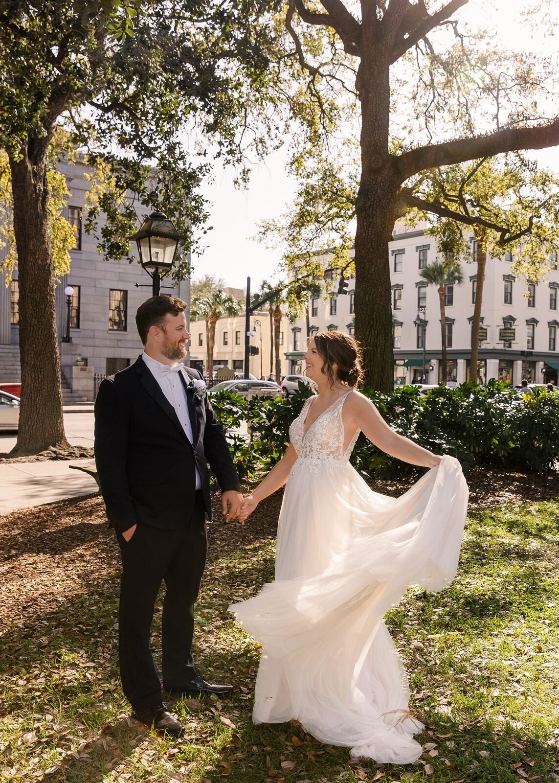 Bride and groom in park Savannah Georgia