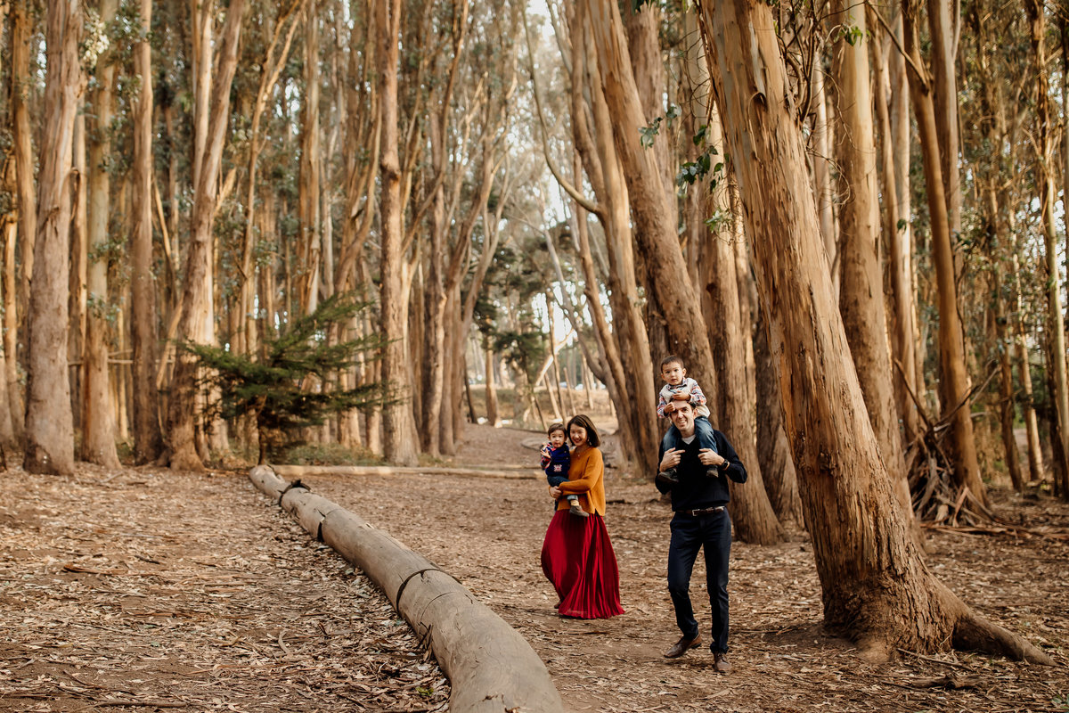 San Francisco Family walks in woods at Andy Goldworthy's woodline in the Presidio.