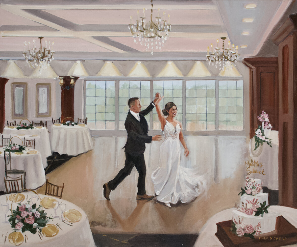 wedding painting of bride groom dancing in white and dark wood reception room