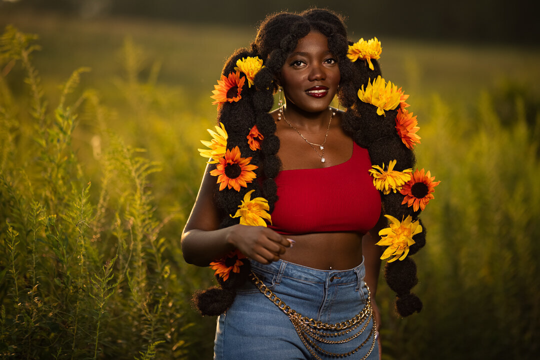 Black Female Flowers in Hair Grass Field Portrait