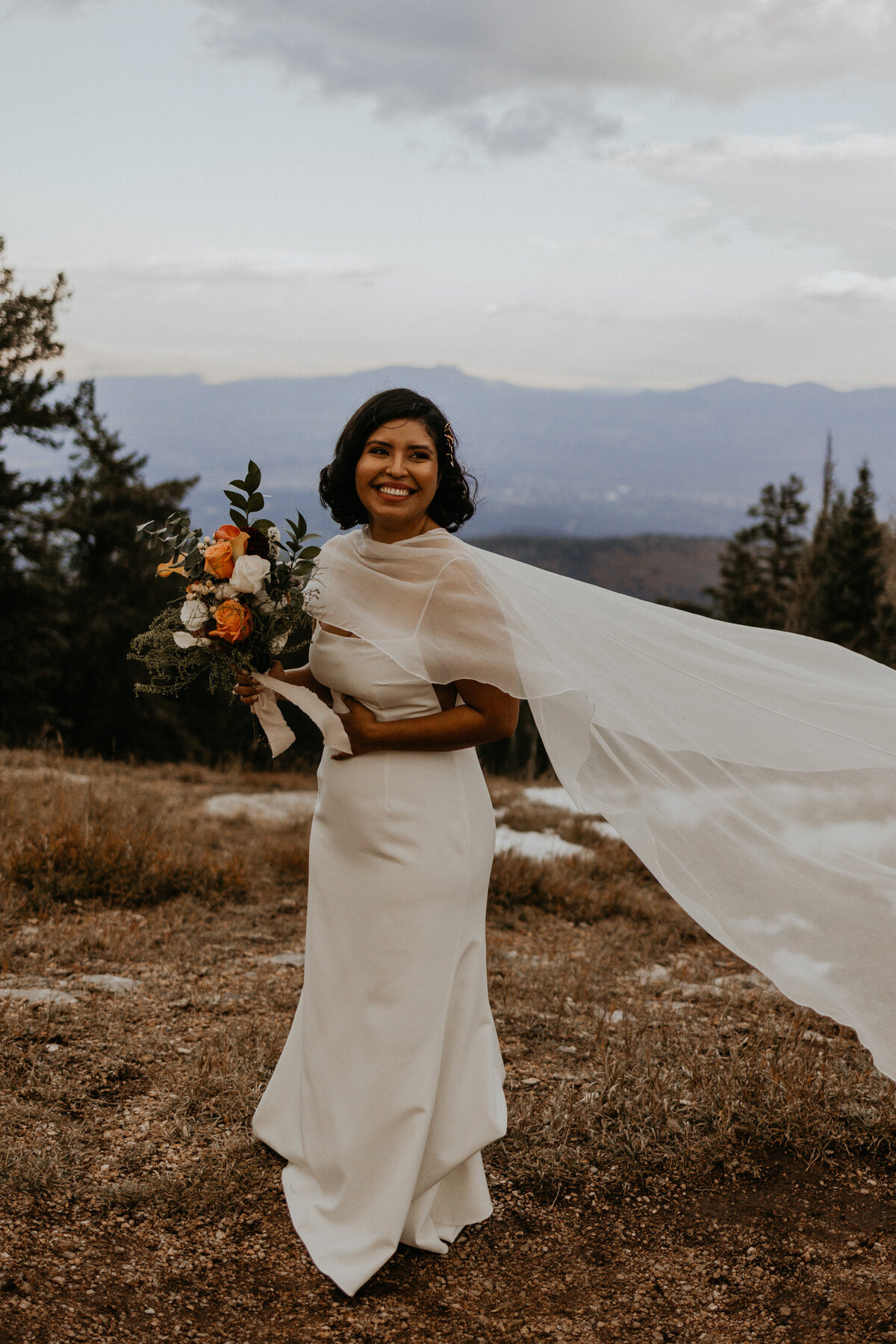 bride standing on top of mountain with bridal cape