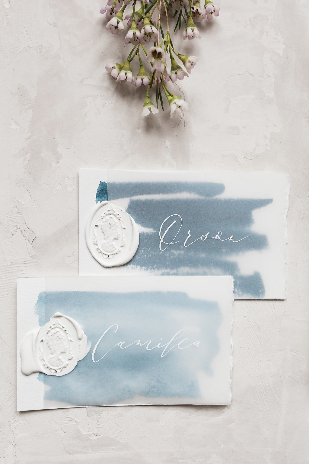 wedding place cards watercolor wax seal