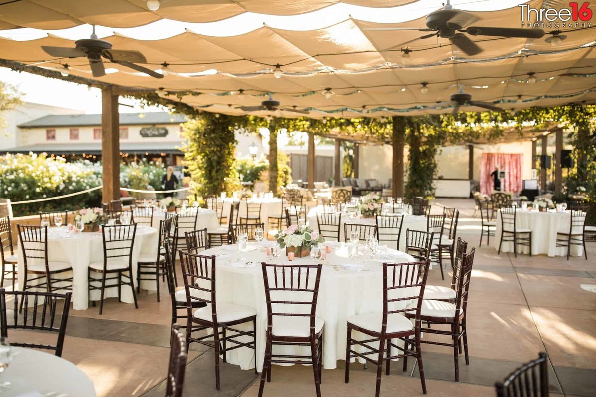 Outdoor wedding reception area setup prior to the wedding at Europa Village in Temecula