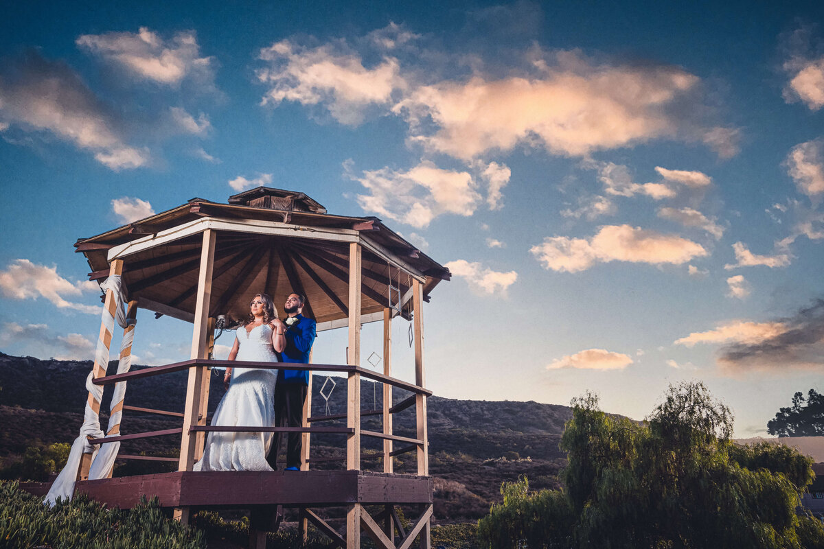 Bridal portraits standing inside a pavilion at San Diego wedding