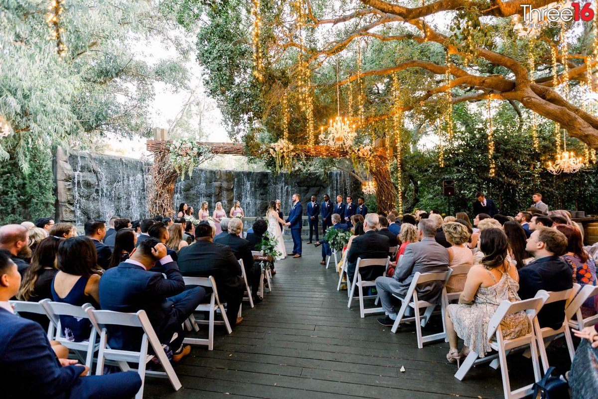 Beautiful wedding ceremony under tree branches at Calamigos Ranch