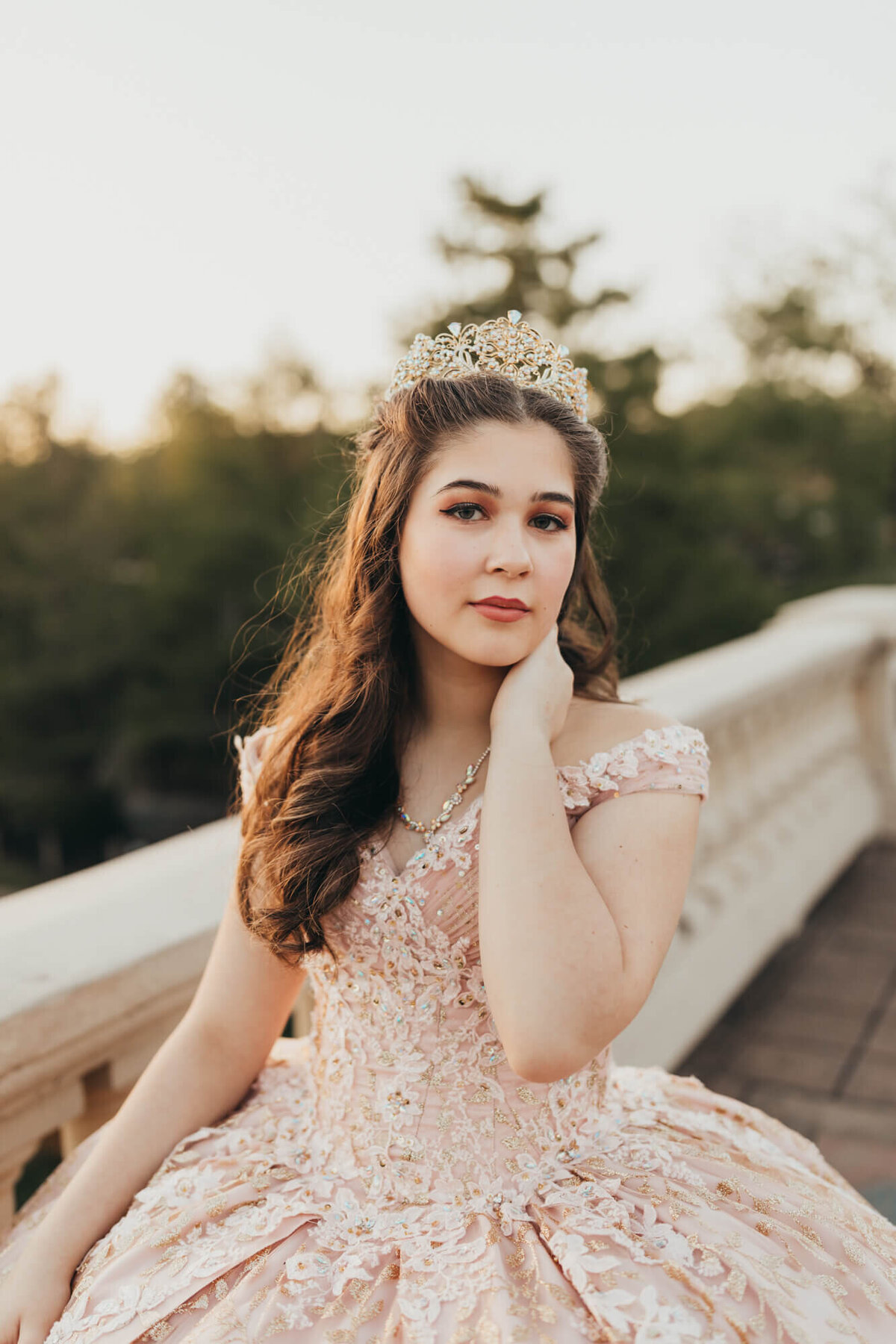 girl wears crown for her quinceaneara pictures.