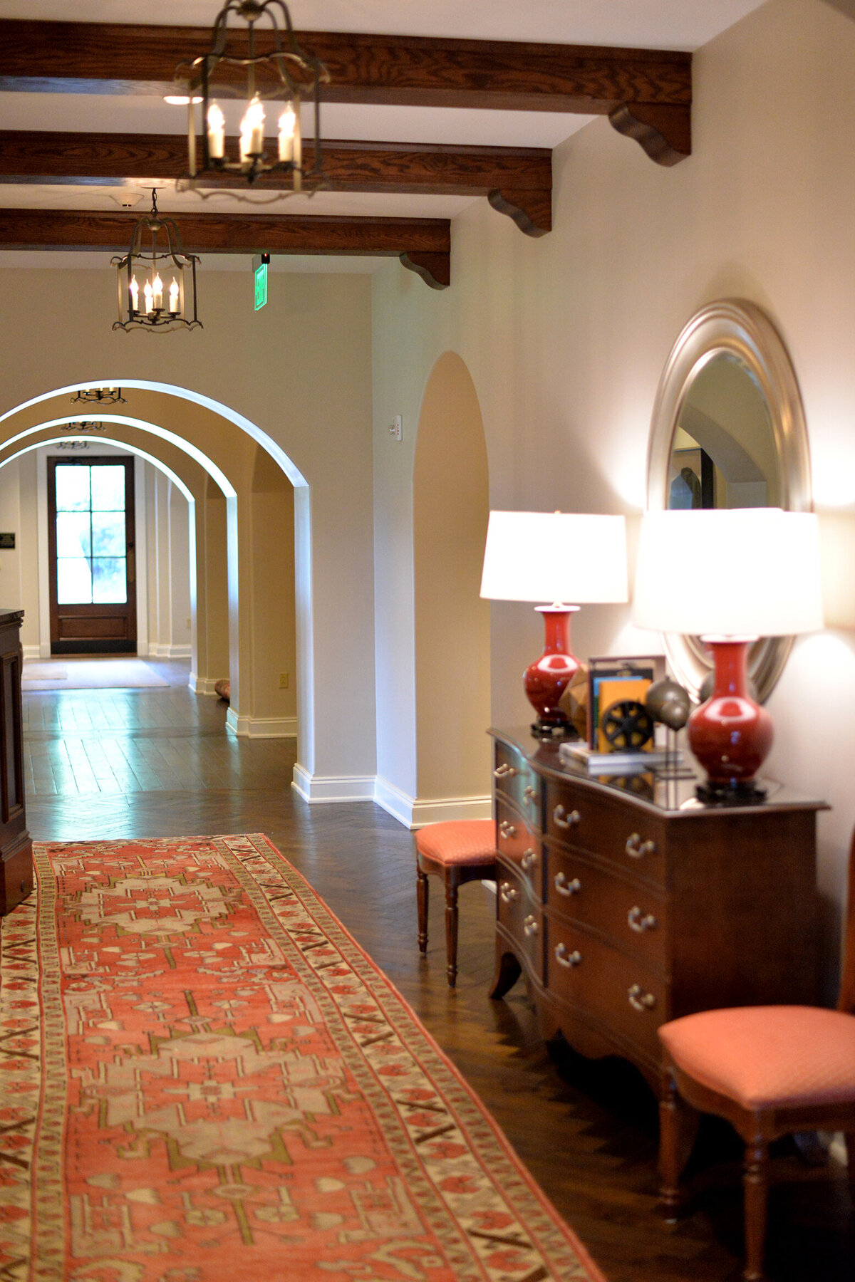 the entry gallery with timber beams at Fox Chapel Golf Club