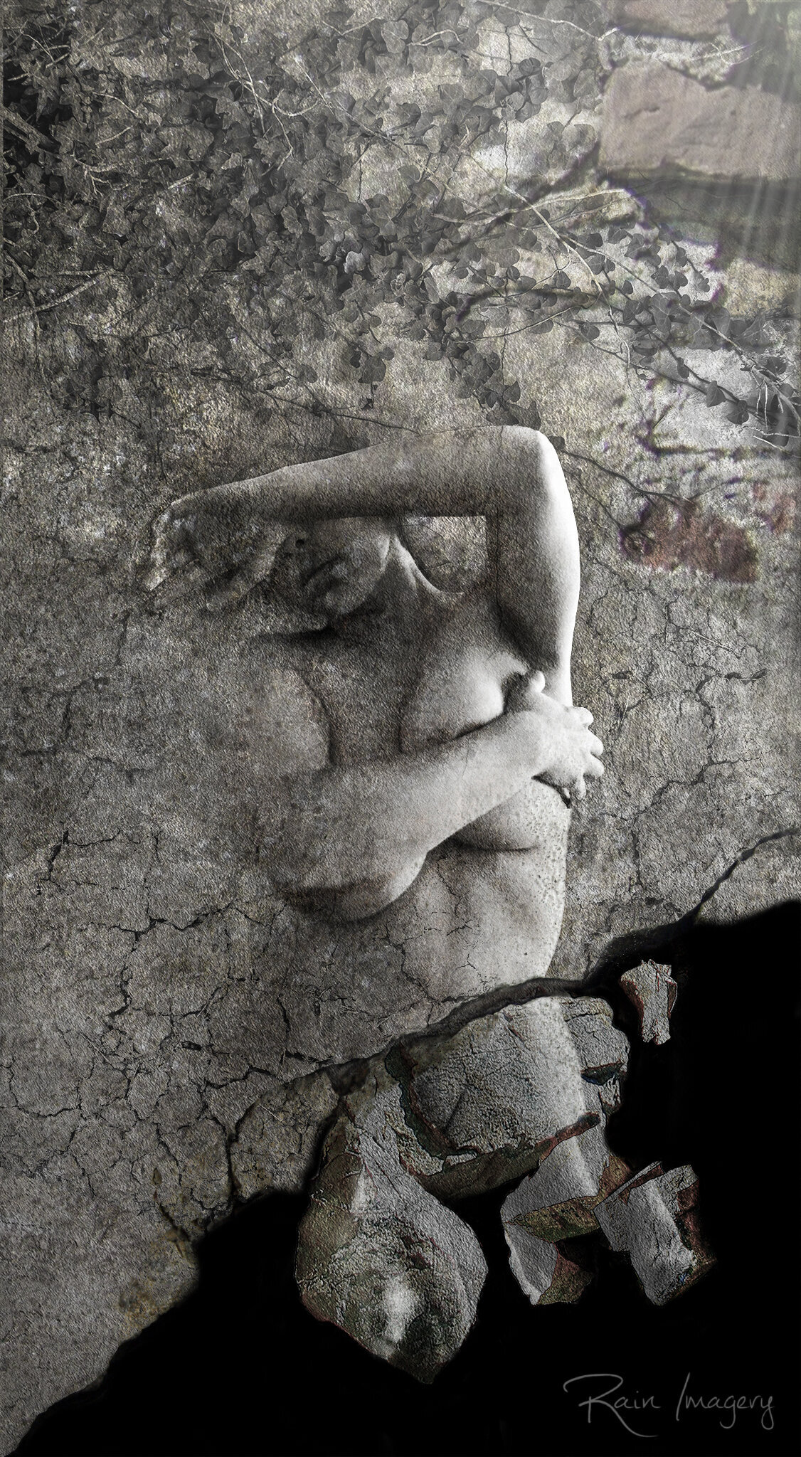 Creative photo art of a woman in a wall falling apart