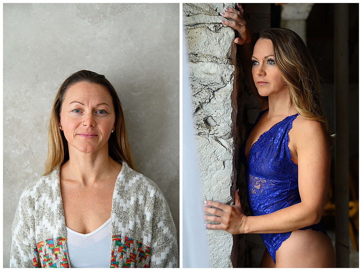 Woman wearing blue lingerie before and after photo of her Hamilton boudoir session