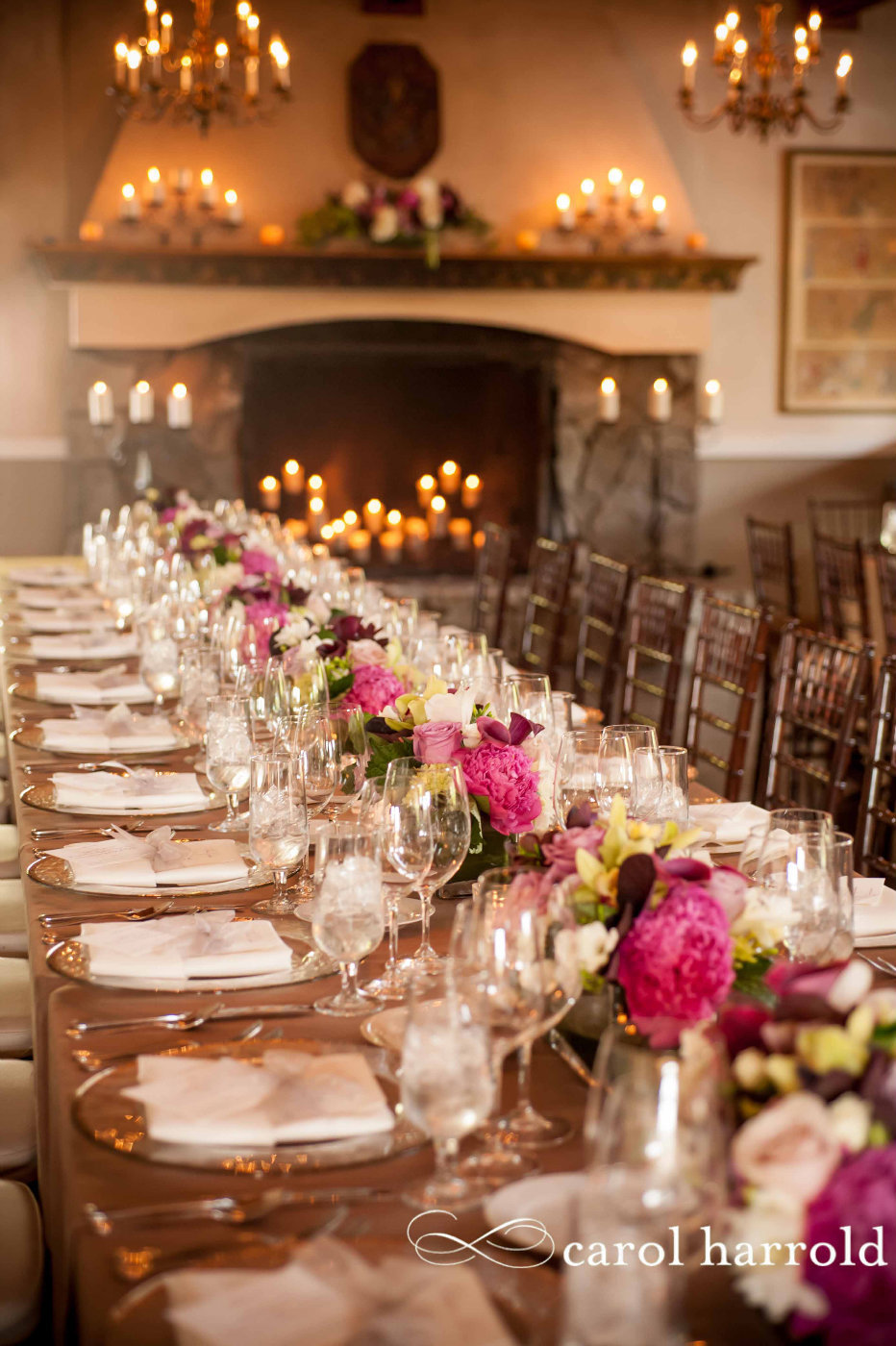 elegant dinner party with long guest tables lined with peony centerpieces, brown Chiavari chairs, at Chateau Lill