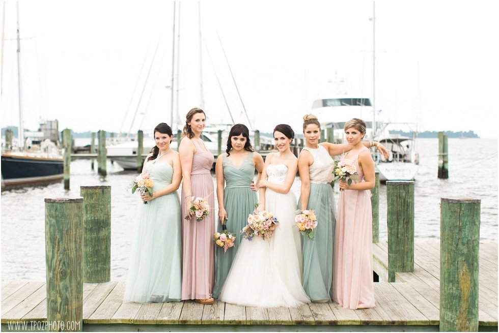 Bridesmaids in mismatched dresses, Annapolis Maritime Museum wedding
