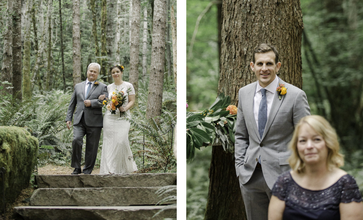 bride walked down aisle by dad groom looks on from forest ceremony