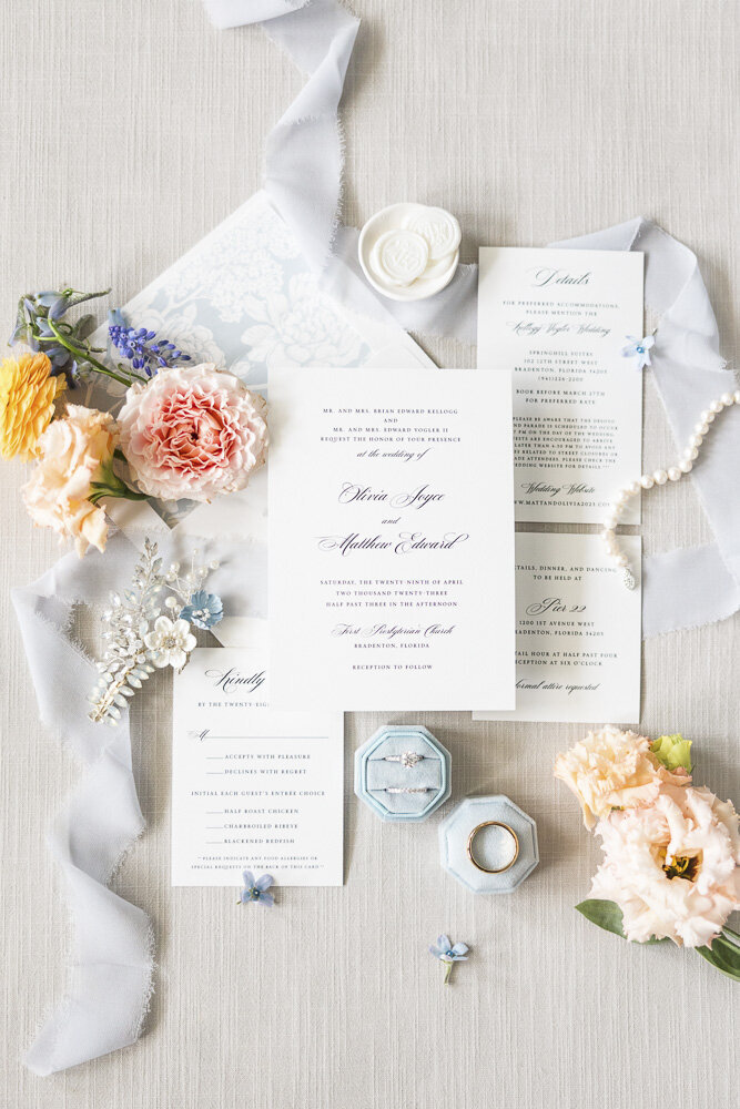 flat lay of wedding invitations with flowers