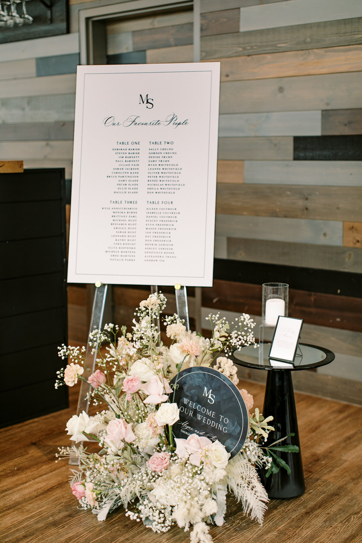 Modern wedding signage, black and white seating chart inspiration, real Canmore wedding designed by Rebekah Bronte, at The Sensory Canmore - modern wedding designer for Calgary, Canmore, Banff, Edmonton, & beyond