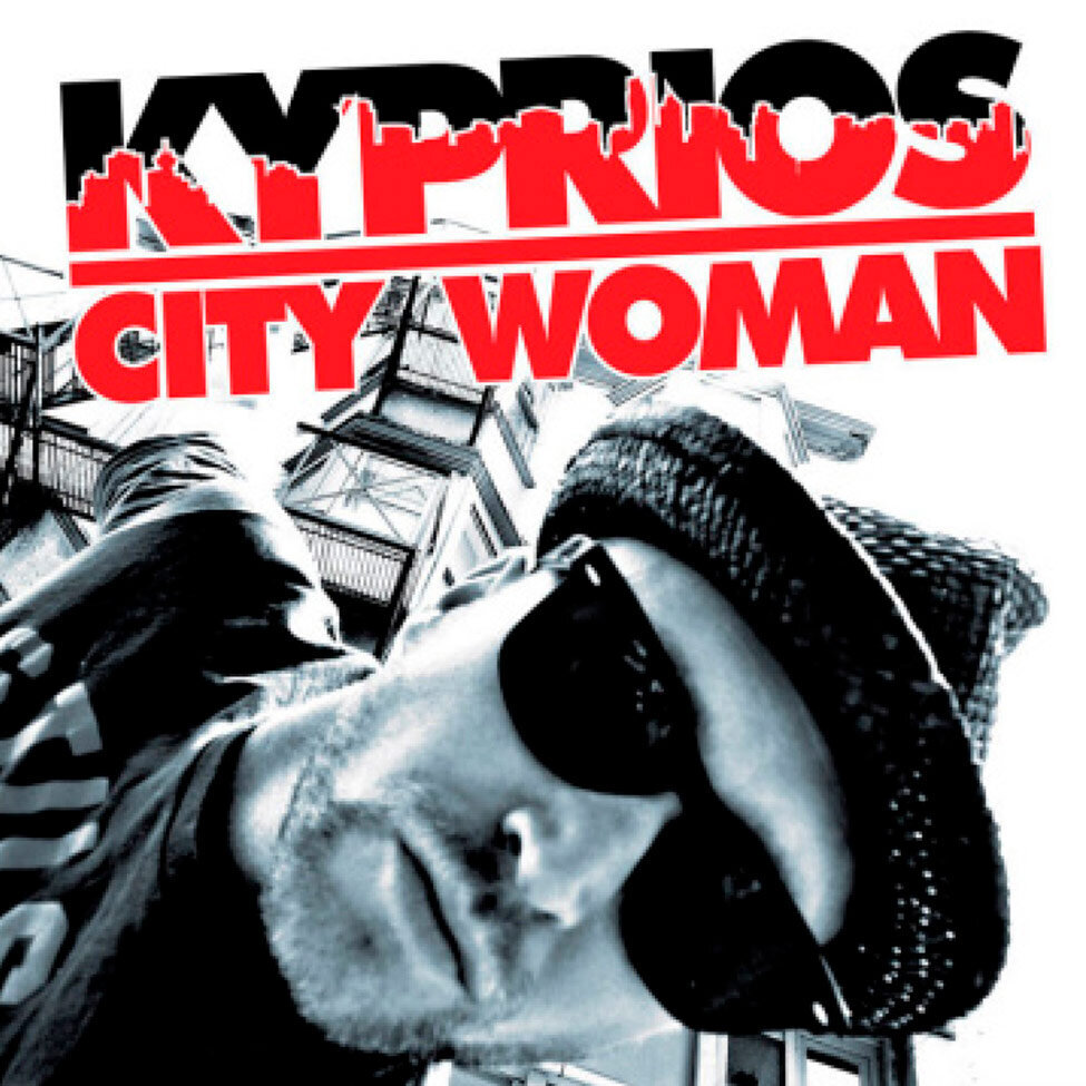 CD Single Cover Title City Women Artist Kyprios black and white low angle closeup of rapper wearing sunglasses and small black hat building behind him