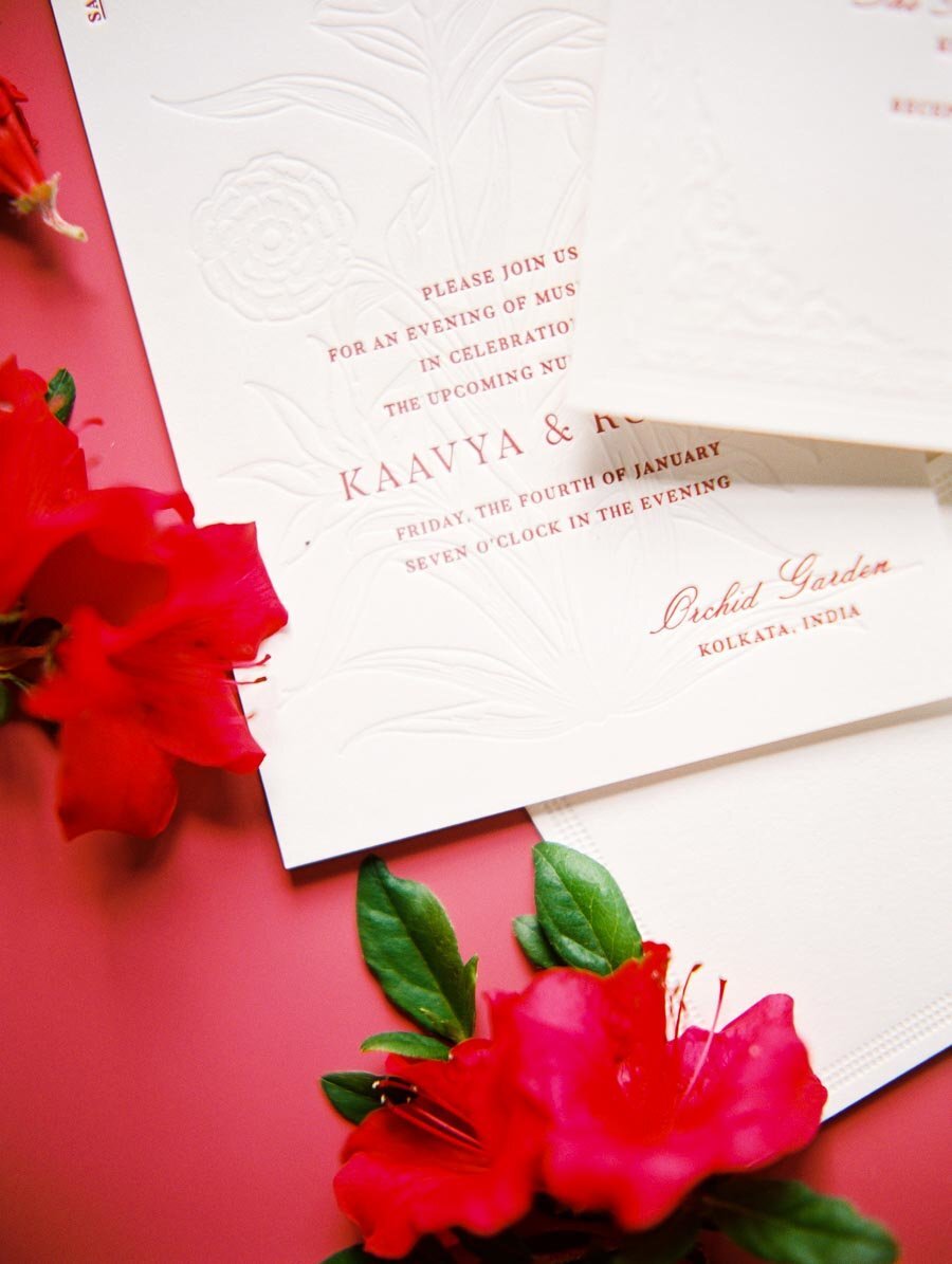 Modern Red and White Letterpress Wedding Invitation Niru & Baku Bonnie Sen Photography