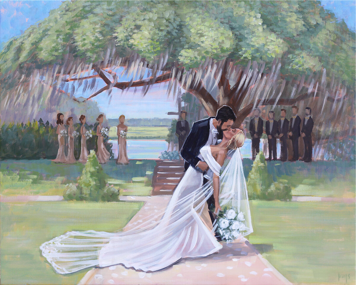 Close up of Live Wedding Painting at Middleton Place ceremony by Charleston  Live Painter, Ben Keys