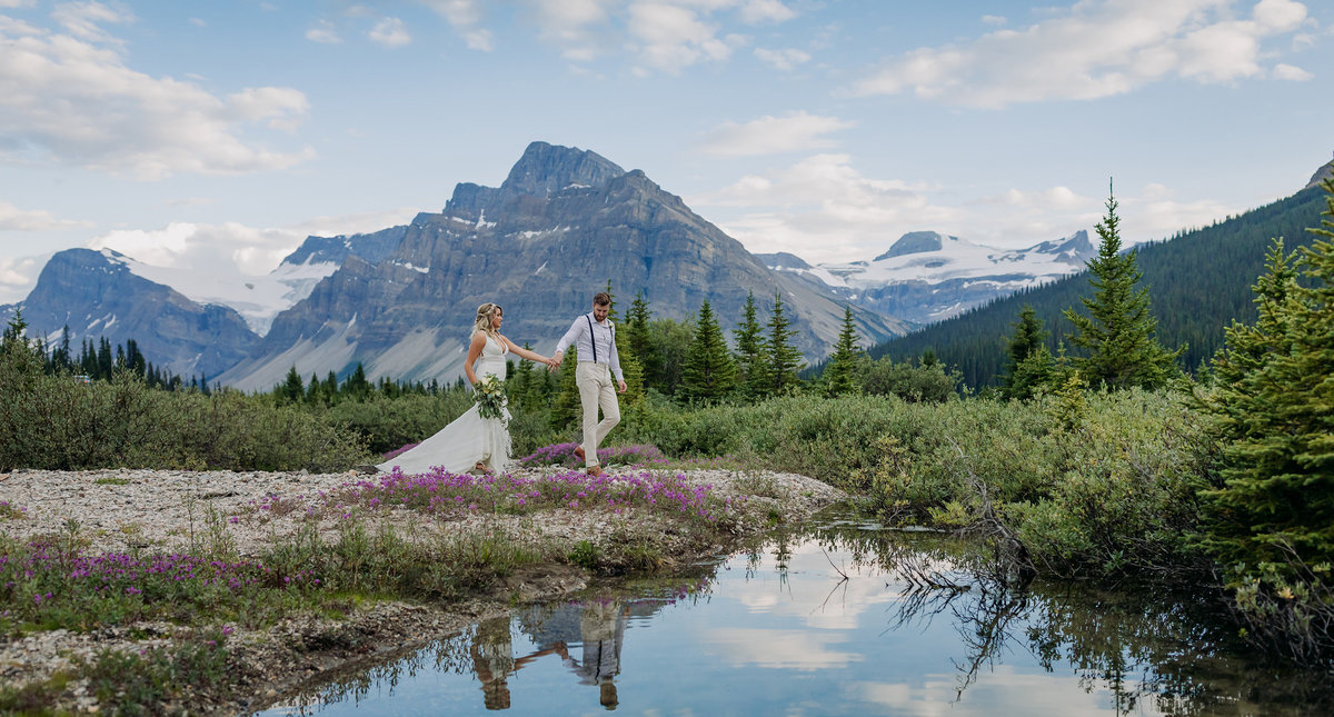 icefields parkway banff wildflower reflection boho elopement wedding