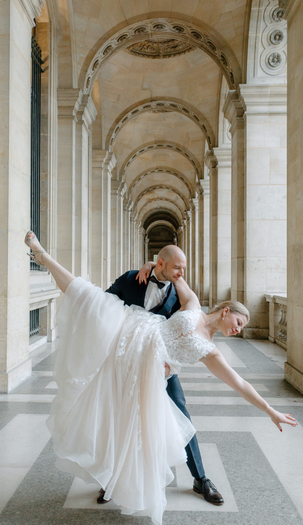 bride and groom married in paris and share a romantic moment