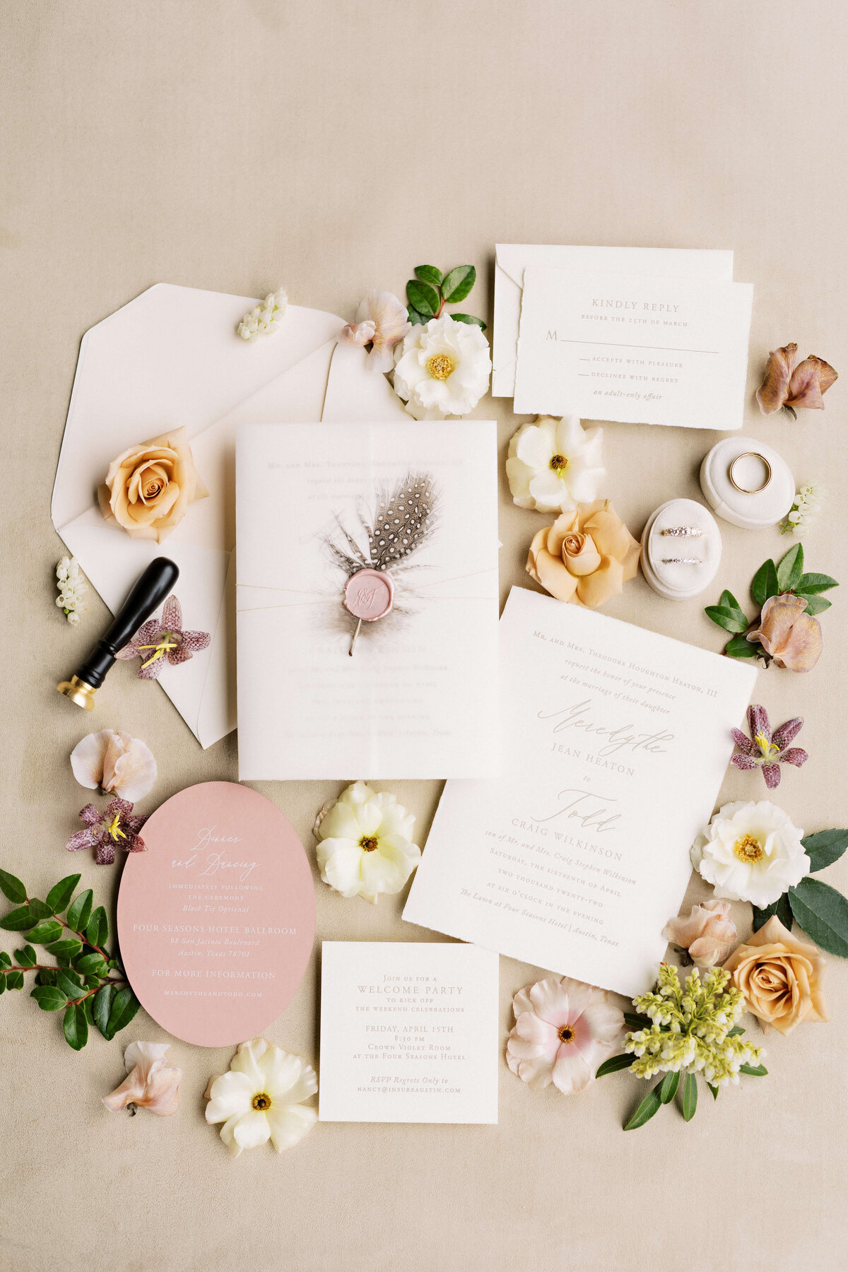 neutral wedding invitation flatlay for spring wedding