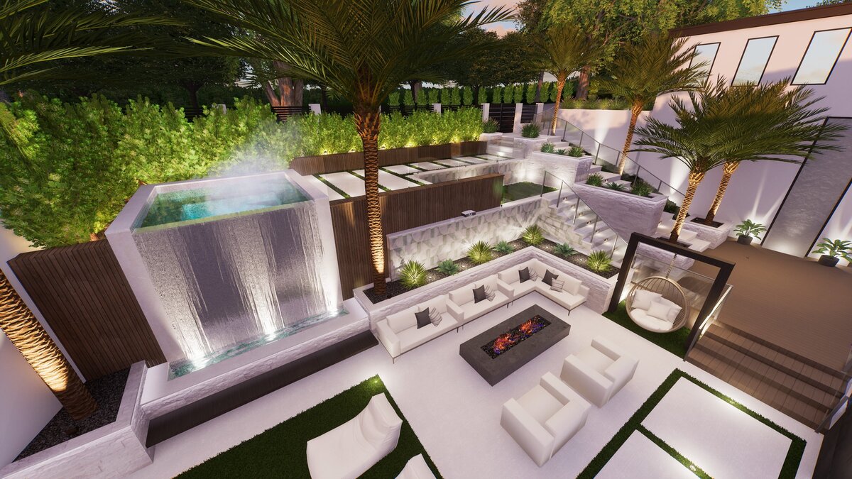 Modern front yard terrace with luxe textiles, elegant planters, and mood lighting.