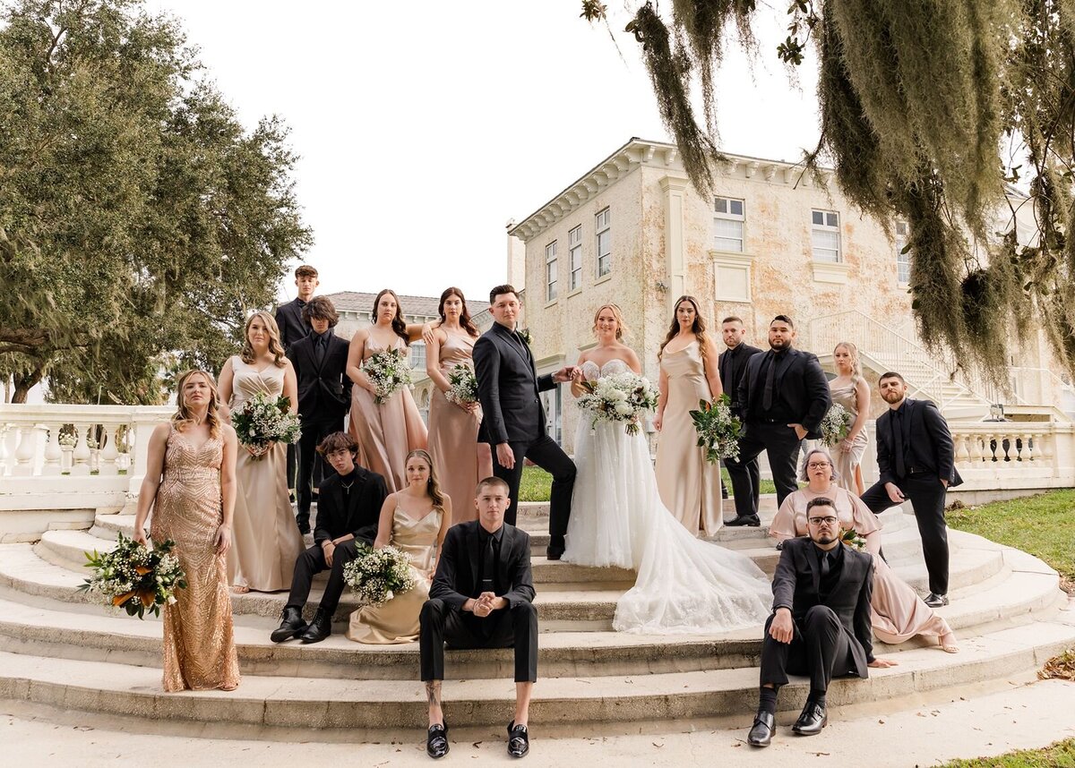 Bridal Party on Stairs at Bella Cosa, Lake Wales, Florida
