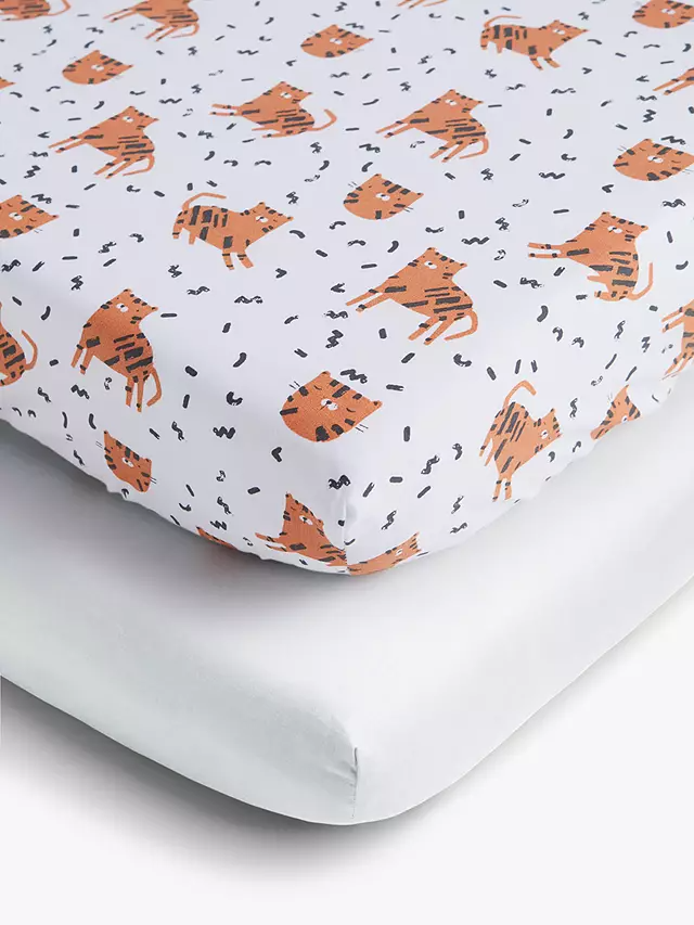 ANYDAY John Lewis & Partners Tiger Print Fitted Cotton Cotbed Sheet, Pack of 2, 70 x 140cm, Multi