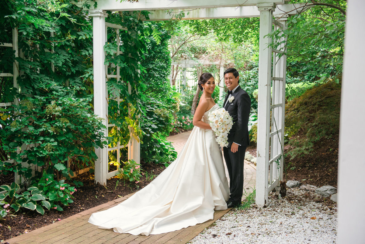 photo of bride and groom outdoors for wedding reception at The Garden City Hotel