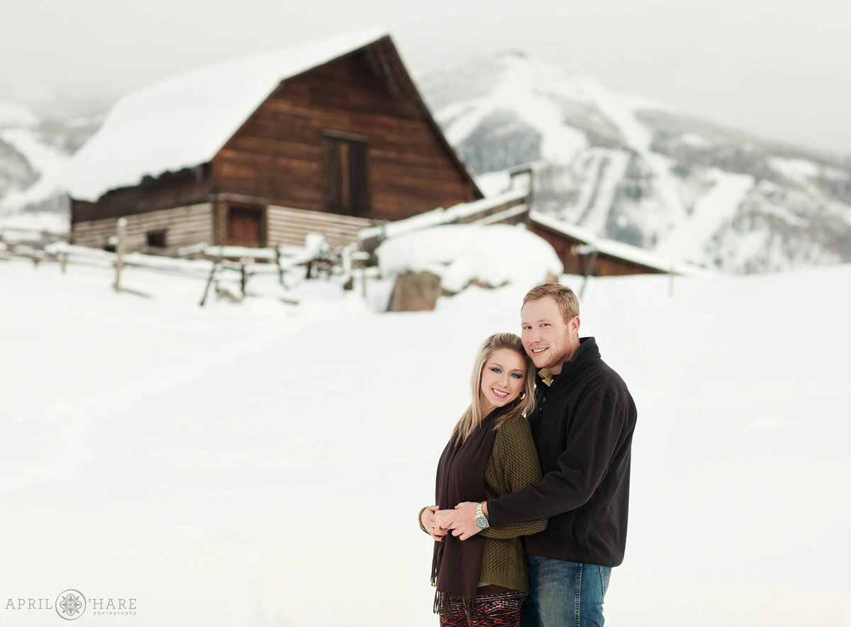 Historic More Barn Engagement Photography during Winter in Steamboat Springs Colorado