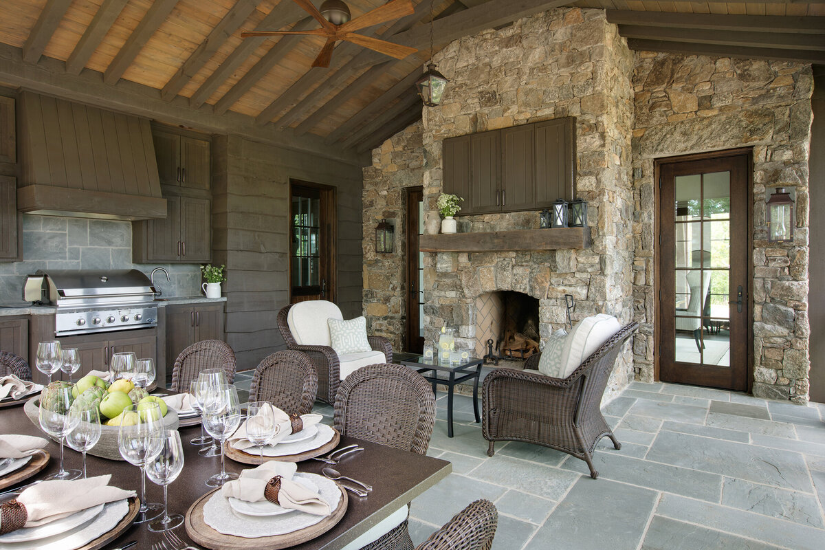 Panageries Residential Interior Design | Traditional Mountain Roost Rustic Patio Design with Brown and Cream Hues