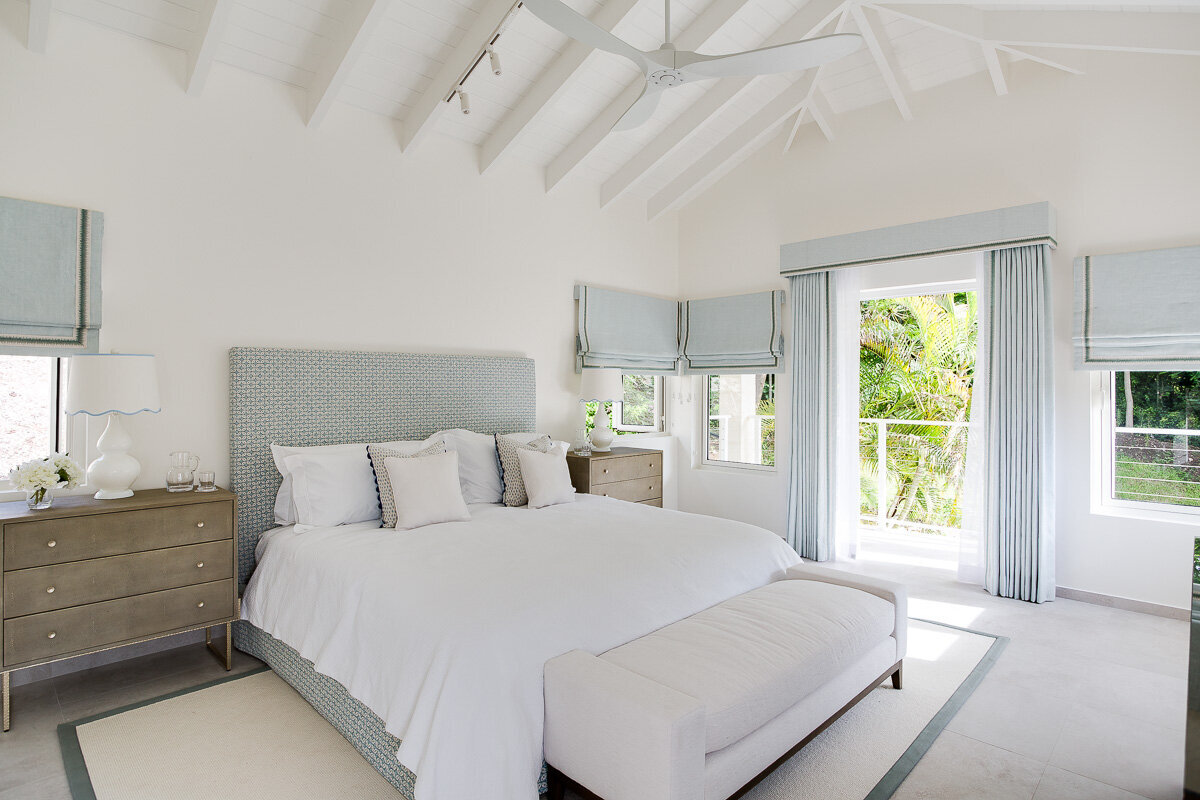 The calm scheme for this guest bedroom in this Barbados villa interior design project in Barbados