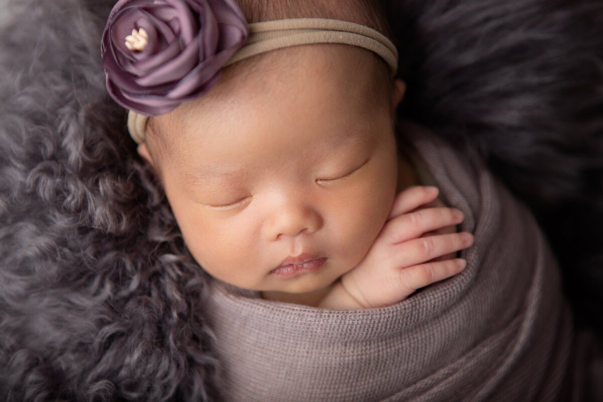 Edmonton newborn with purple wrap, purple floral headband, purple flokati
