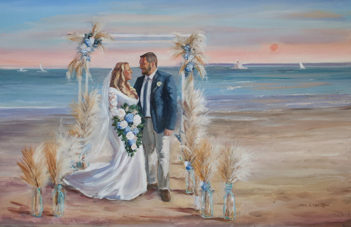 live painting of bride and groom beach wedding. ceremony