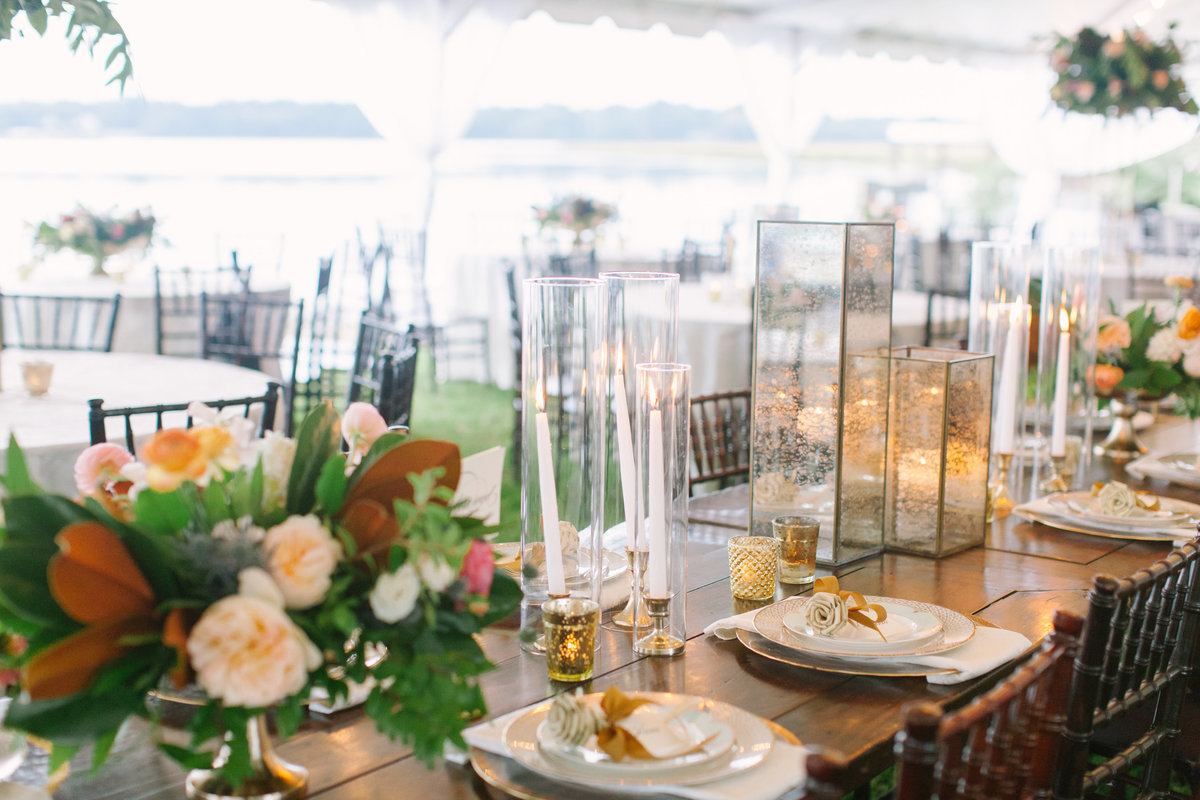 Classic Charleston Wedding Head Table Farm Tables Gold and White Lanterns Taper Candles