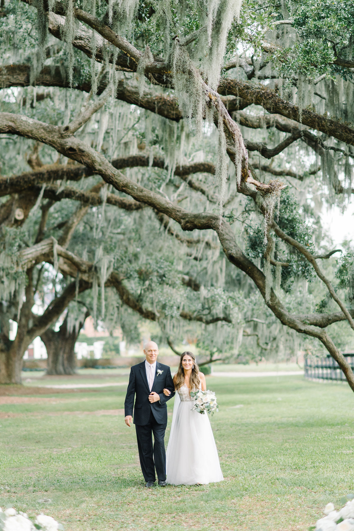 Dad and Bride Walking down the Aisle Boone Hall Plantation Avenue of Oaks Spanish Moss