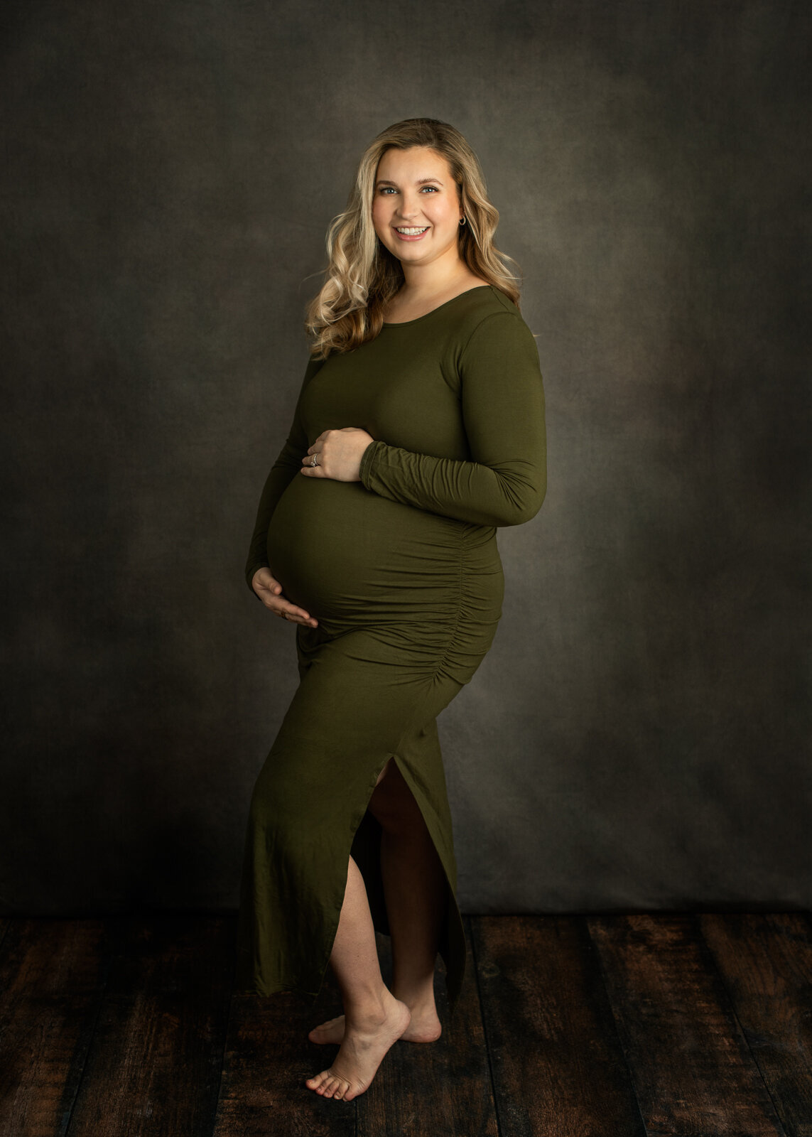 Hayley Maternity Portrait Green dress standing up