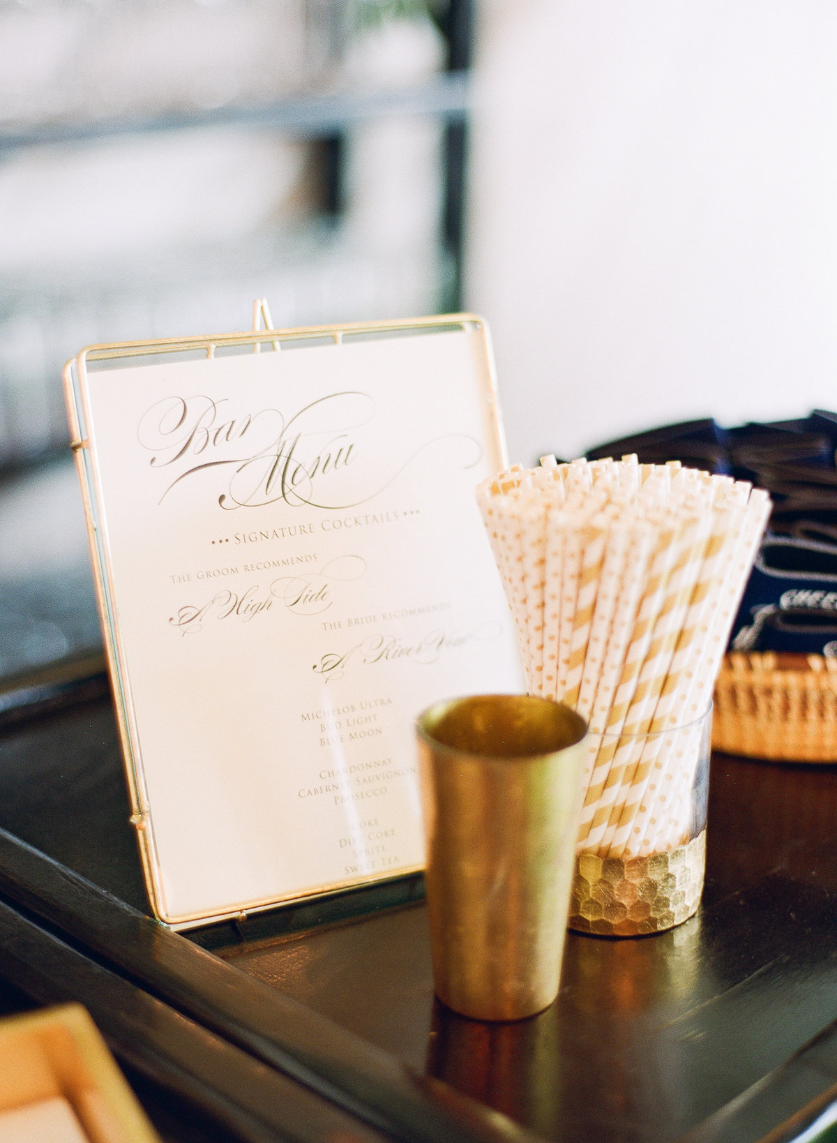 Bar Signage in Gold Frame with Gold and White Straws