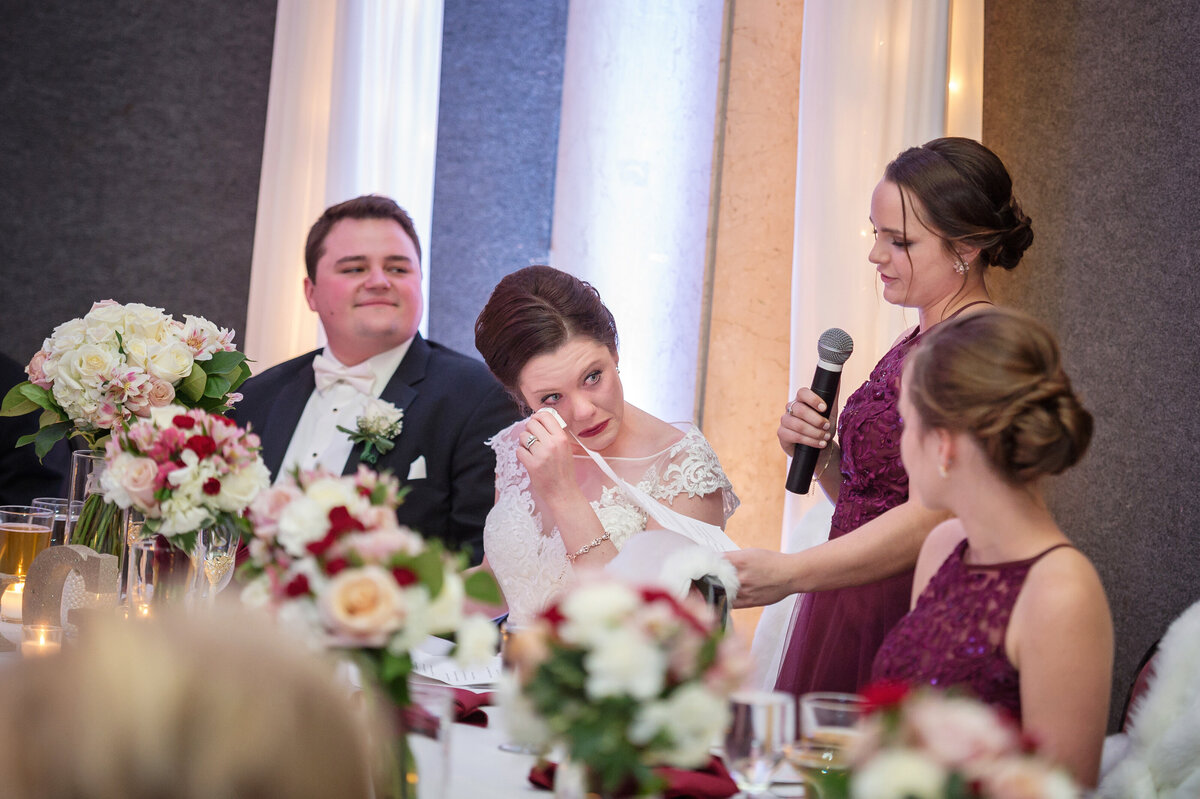 Bride crying during maid of honor speech.