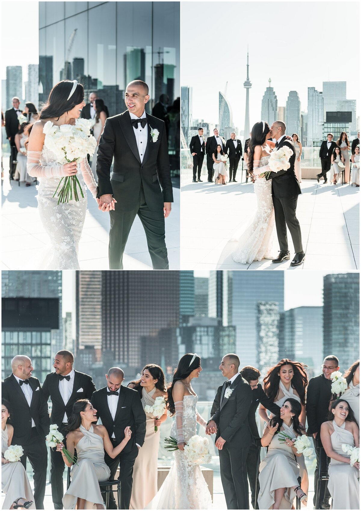 Epic wedding party and bride and groom portraits at The Globe and Mail with Toronto Skyline in the background
