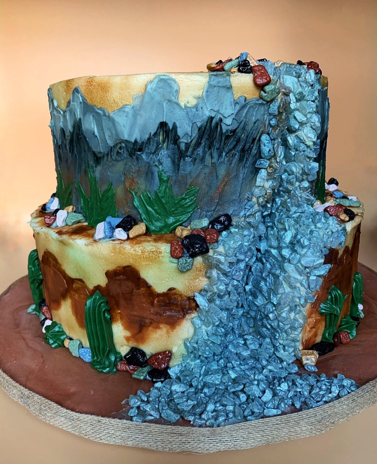 painted mountain and waterfall cake